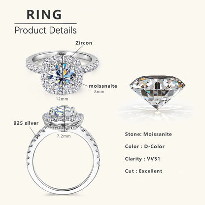 8mm 2ct Moissanite Halo Ring Certified 925 Sterling Silver Engagement Rings For Women Girls Wedding Party Jewelry Gift