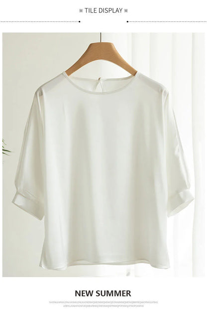 2026 New In Summer Satin Silk Half-Sleeve Tee Tops Basic Solid Women‘s T-Shirt Casual O-neck Thin Shirts Ladies Loose Blouses