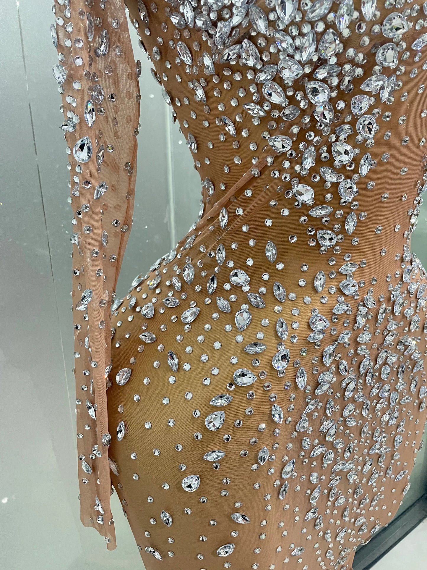 Shinny Rhinestone Stretch Mesh Transparent Long Dress 2025New Women Evening Birthday Party Prom Nightclub Singer Stage Wear