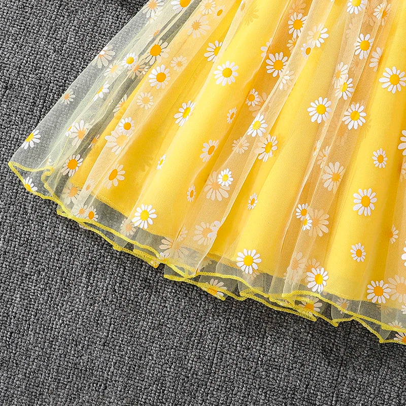Girls 4-7 Yellow Summer Casual Dress, Front Ruffled Sleeve Design with Bow & Daisy Print Tulle Skirt, Daily Kids Outfit