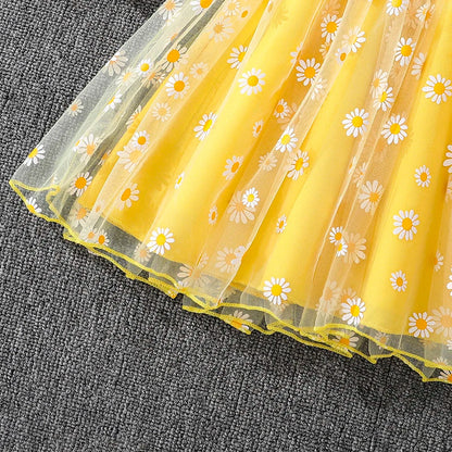 Girls 4-7 Yellow Summer Casual Dress, Front Ruffled Sleeve Design with Bow & Daisy Print Tulle Skirt, Daily Kids Outfit