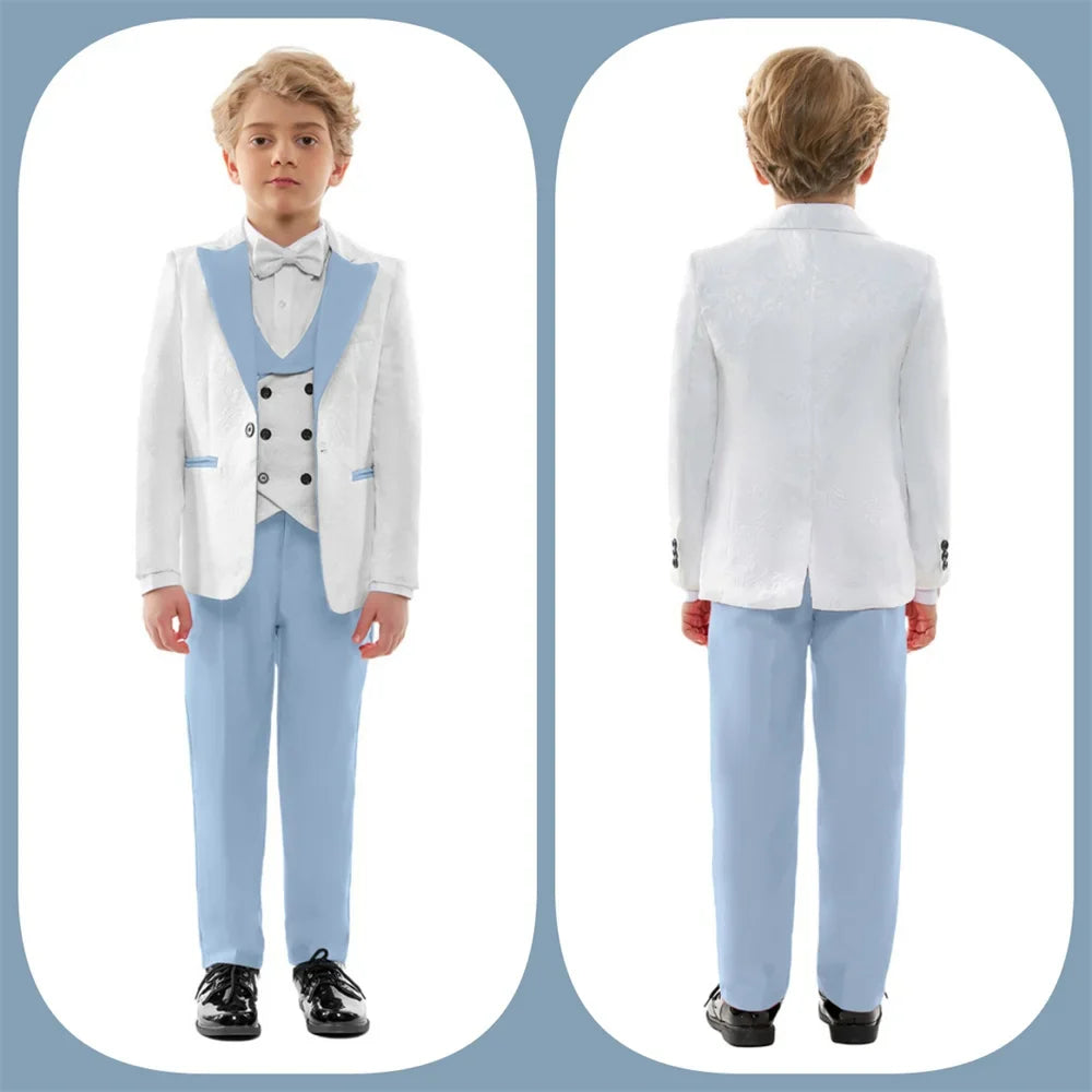 Premium Boys White And Light Blue Contrast Formal Suit Set 4PCS Design Elegant Occasion Wear For Wedding Banquet Performance