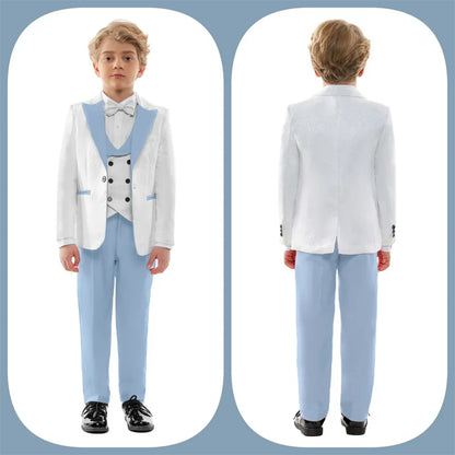 Premium Boys White And Light Blue Contrast Formal Suit Set 4PCS Design Elegant Occasion Wear For Wedding Banquet Performance
