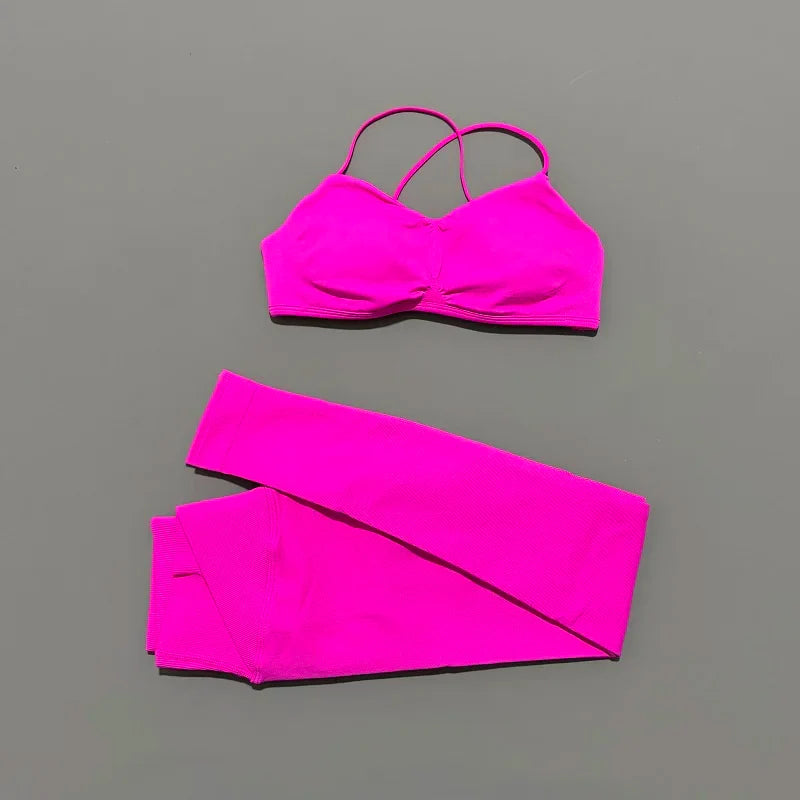 2 Piece Vision Sports Set Summer New Yoga Clothes Women Tracksuit Athletic Cross Backless Yoga Top Leggings Pilates Fitness Set