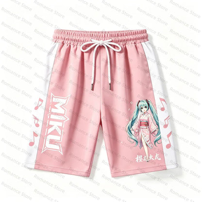 Hat sune miku 2Pcs Set Anime T-shirt Shorts Summer Casual Streetwear Sakura Loose Outfit For Men Women t-shirt Cosplay Kids Set