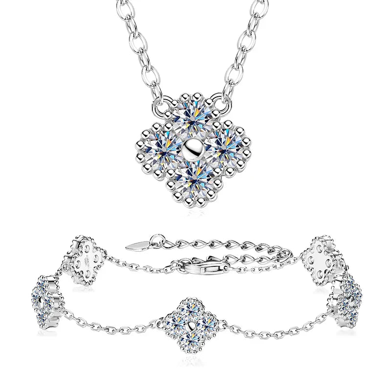 18k Gold Plated 925 Silver 3mm Moissanite Necklace Earrings Bracelet Sets 3 In 1 Clover Flower Charm Jewelry Set for Women Gift