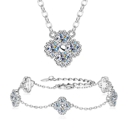 18k Gold Plated 925 Silver 3mm Moissanite Necklace Earrings Bracelet Sets 3 In 1 Clover Flower Charm Jewelry Set for Women Gift