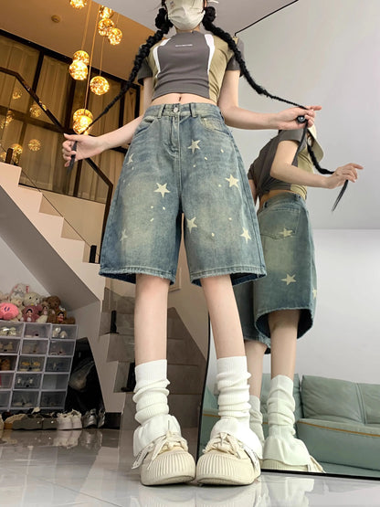 Casual Floral Print Loose Wide Leg Womens Jeans New American Retro Star Design Straight Leg Comfort Stretch Soft Denim Shorts