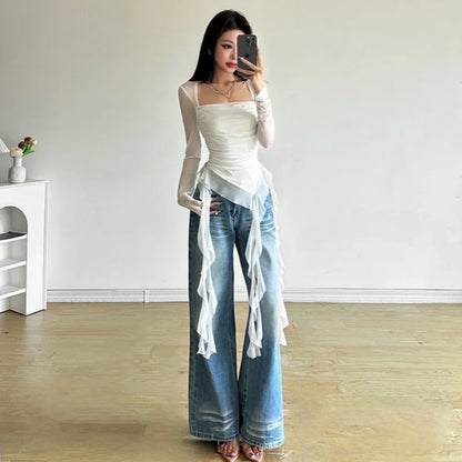 Long Sleeve Sexy T-Shirts Fashion Women Y2K Irregular Asymmetrical Korean Crop Tops Casual Sheer Mesh Autumn Chic Tees