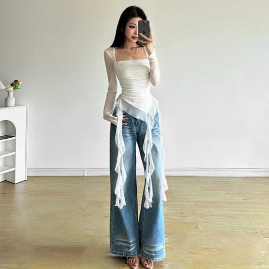 Long Sleeve Sexy T-Shirts Fashion Women Y2K Irregular Asymmetrical Korean Crop Tops Casual Sheer Mesh Autumn Chic Tees