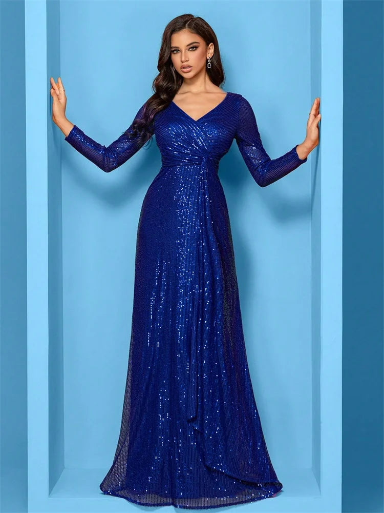 Luxury Blue Evening Dresses Women Elegant 2025 Long Sleeve Mermaid Formal Sequins Prom Wedding Party Cocktail Graduation Gowns