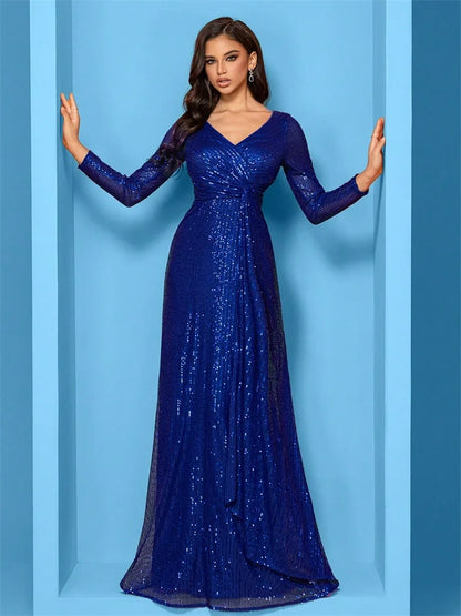 Luxury Blue Evening Dresses Women Elegant 2025 Long Sleeve Mermaid Formal Sequins Prom Wedding Party Cocktail Graduation Gowns