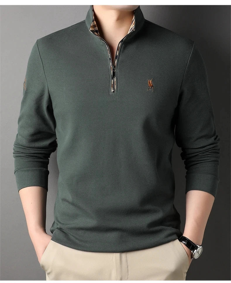 High end 100% cotton brand long sleeve T-shirt men's standing collar autumn fashionable embroidery Paul casual sports polo shirt