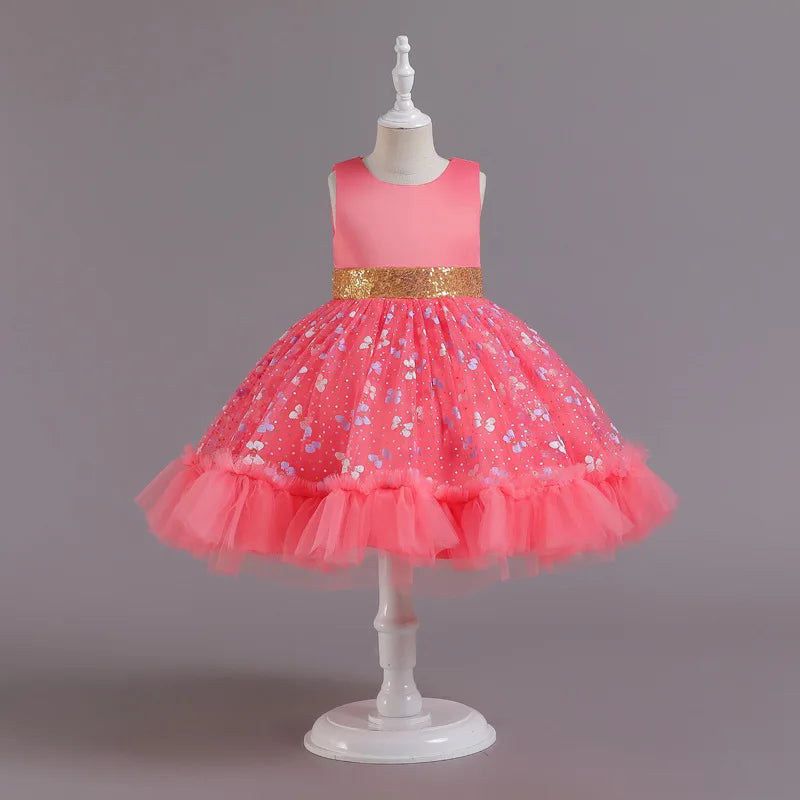 New Baby Kids Girls Elegant Printed Butterfly Flower Princess Party Tutu Dresses Children Sequins Wedding Evening Girl Clothes