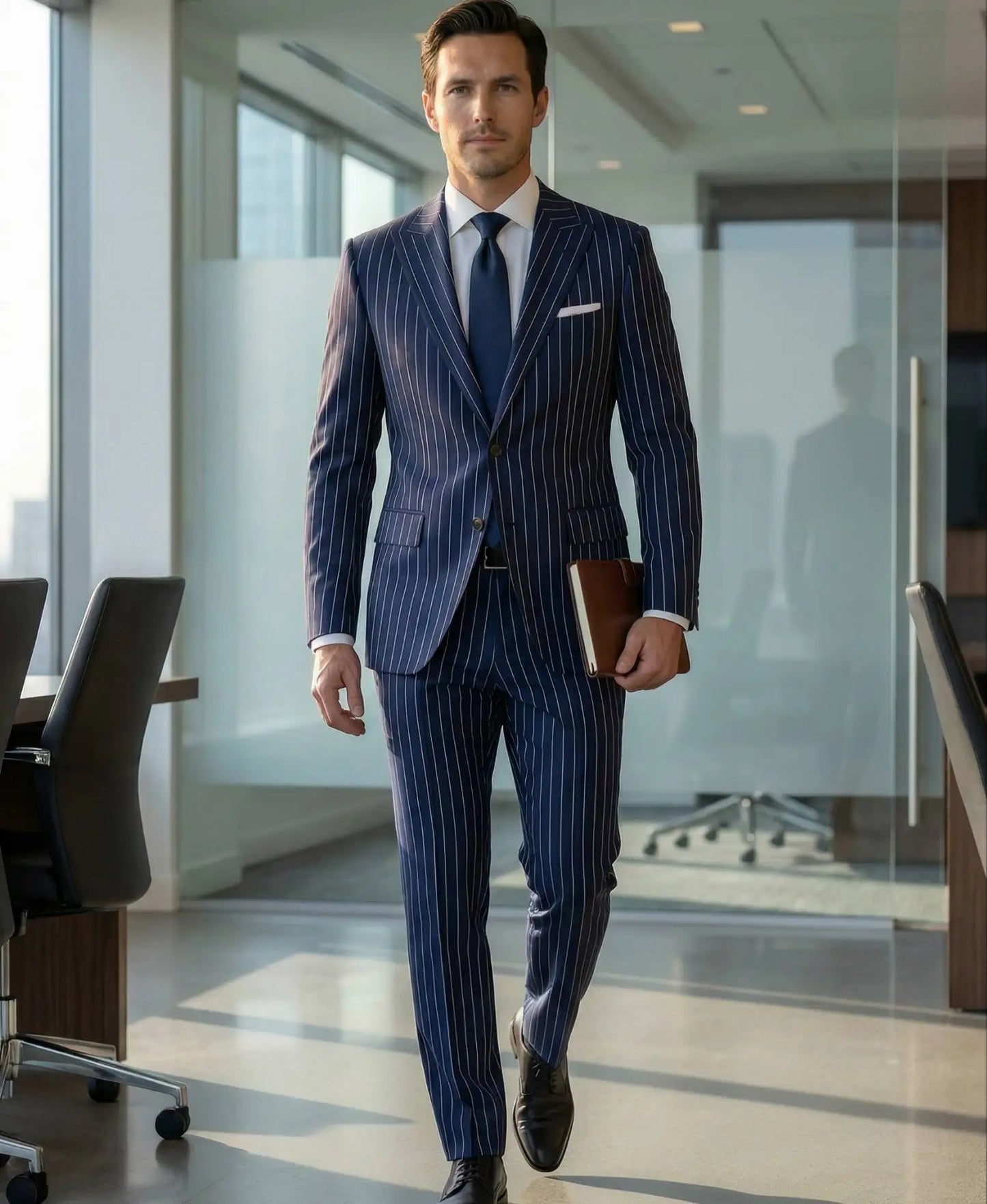 Elegant dark blue striped men's suit; 2 pieces of fashionable double-breasted, collarless slim-fit jacket and trouser set new st