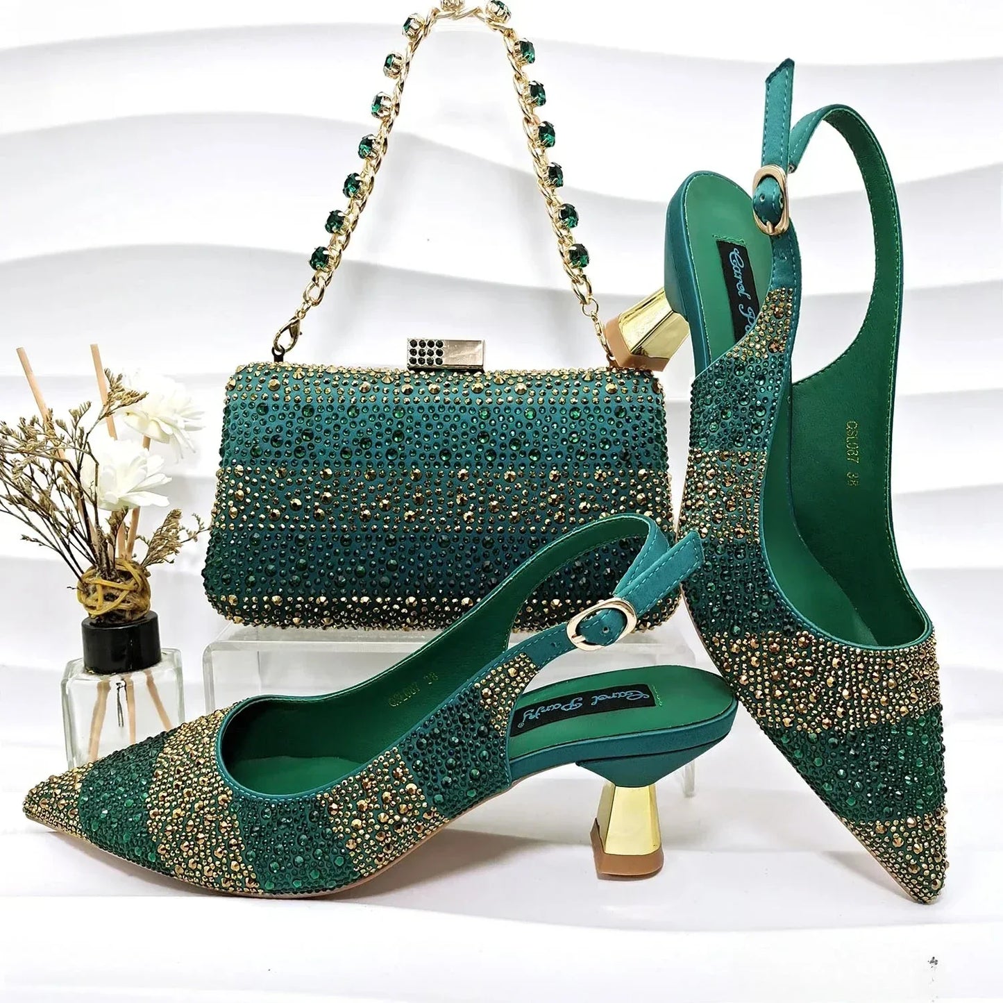Fashion Nigerian Women Heel Party Ladies Italian Design Green Shoes And Bag Set Decorated with Rhinestone Handbag Wedding Party