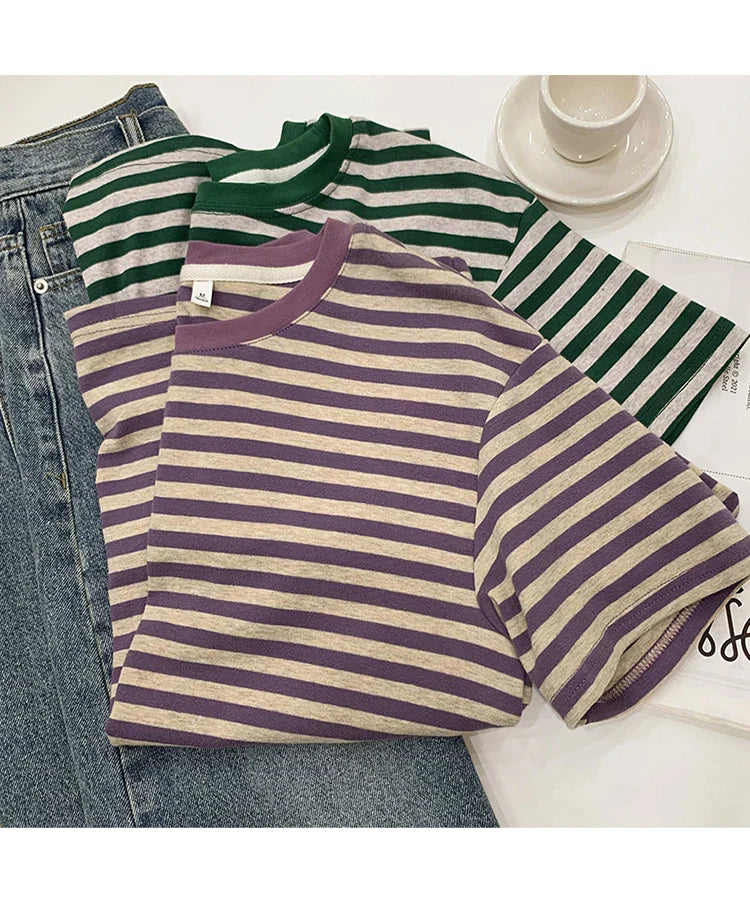 Summer Short Sleeve Striped T-Shirts Versatile Women Knitted Basic Casual Tops Female Cozy Loose Cotton Tees 2023 Harajuku Shirt