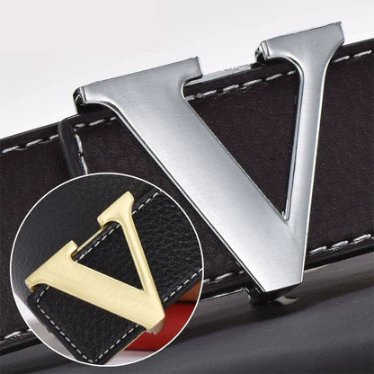 Men's high-end belt with smooth buckle; Korean style fashion trend letter V belt; men's belt