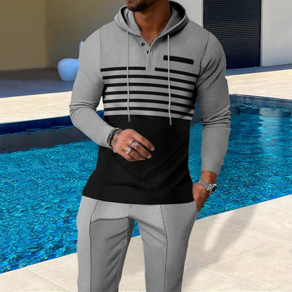 New Men's Waffle Casual Set Outdoor Four Seasons Versatile Trendy Stripe Color blocked Hoodie, Casual Pants Two Piece Set