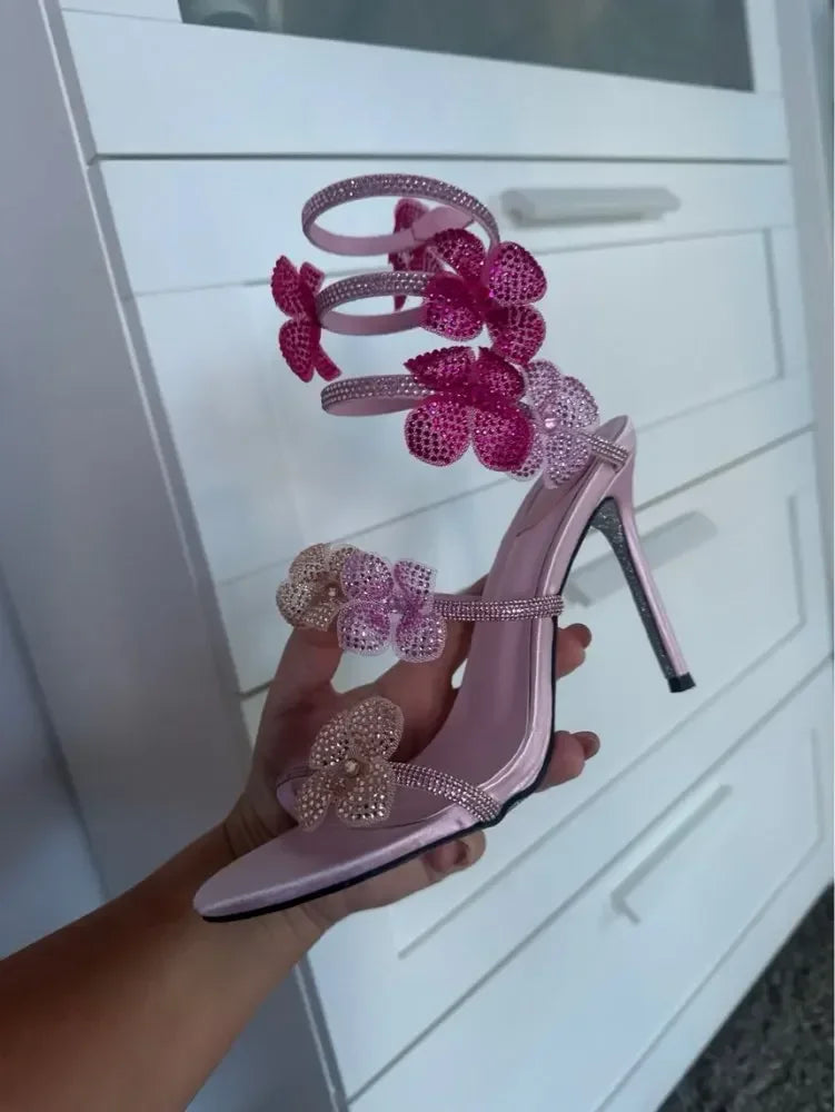 Luxury Designer Pink Flower Rhinestone High Heels Sandals Shoe Sexy Wrap Strap Open Toe Stripper Prom Party Ladies Shoes
