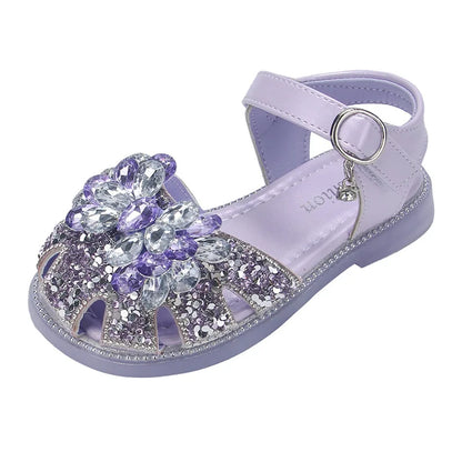 Girls Crystal Slip-On Shoes Soft Bottom Rhinestone Princess Flats Spring Autumn New Style Kids Lightweight Sweet Leather Shoes