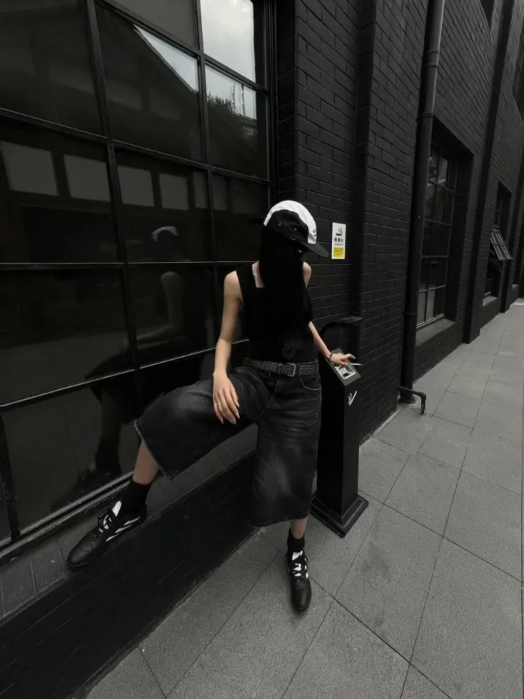 Women Black Y2k Style Baggy Denim Shorts Wide Leg Capri Pants