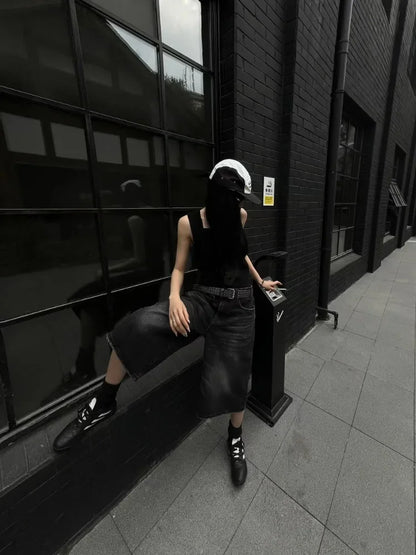 Women Black Y2k Style Baggy Denim Shorts Wide Leg Capri Pants