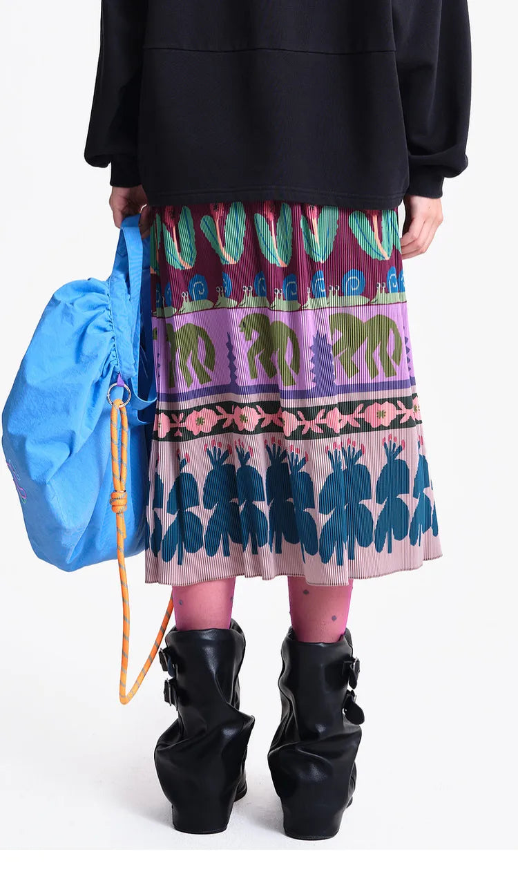 A-line Skirt 2026 Spring New Elastic Waist Colorful Floral Print Pleated Commuter Retro Style Skirt For Women 3ELC20607