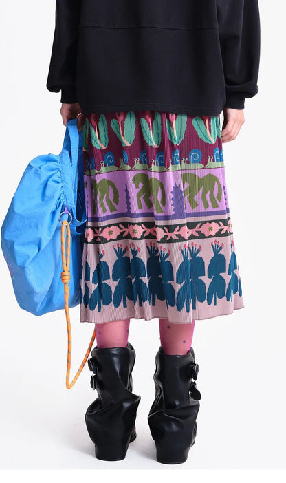 A-line Skirt 2026 Spring New Elastic Waist Colorful Floral Print Pleated Commuter Retro Style Skirt For Women 3ELC20607