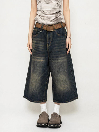 High Waist Black Retro Washed Denim Shorts Women's Harajuku Vintage Fashion Casual Loose Y2K Streetwear Mid Long  Wide Leg Pants