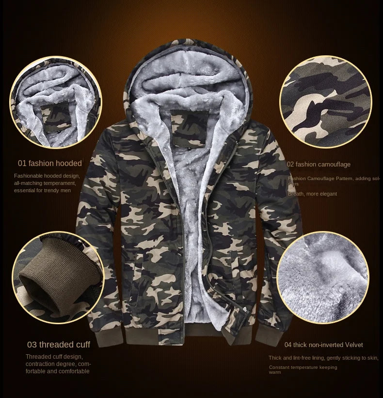 Men's Zip Up Hoodie camouflage Heavyweight Winter Sweatshirt Fleece Sherpa Lined Warm Jacket