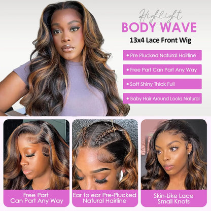 Highlight Ombre Lace Front Wig Human Hair Body Wave Pre Plucked 1B/30 Lace Front Human Hair Wig 200 Density 30 Inch For Women