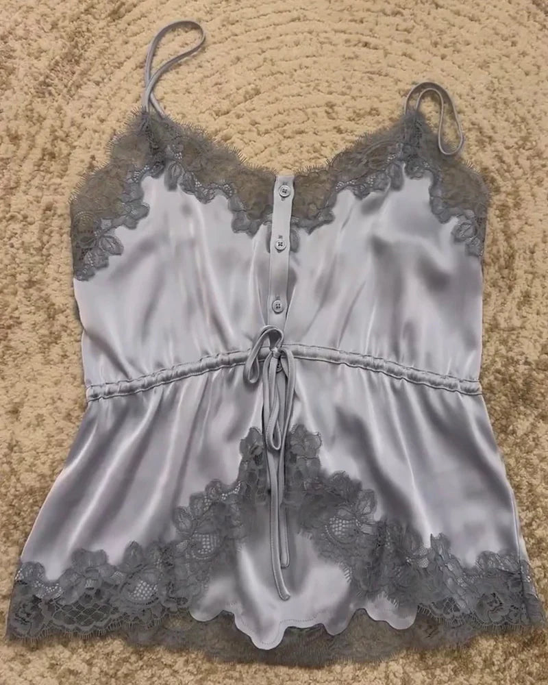 Women's Top 2026 New Spring Summer Lace Decoration Satin Textured Top for Women Chic Personality Female Spaghetti Strap Top