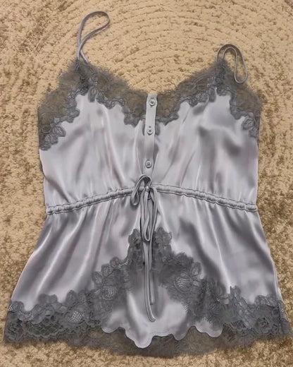 Women's Top 2026 New Spring Summer Lace Decoration Satin Textured Top for Women Chic Personality Female Spaghetti Strap Top