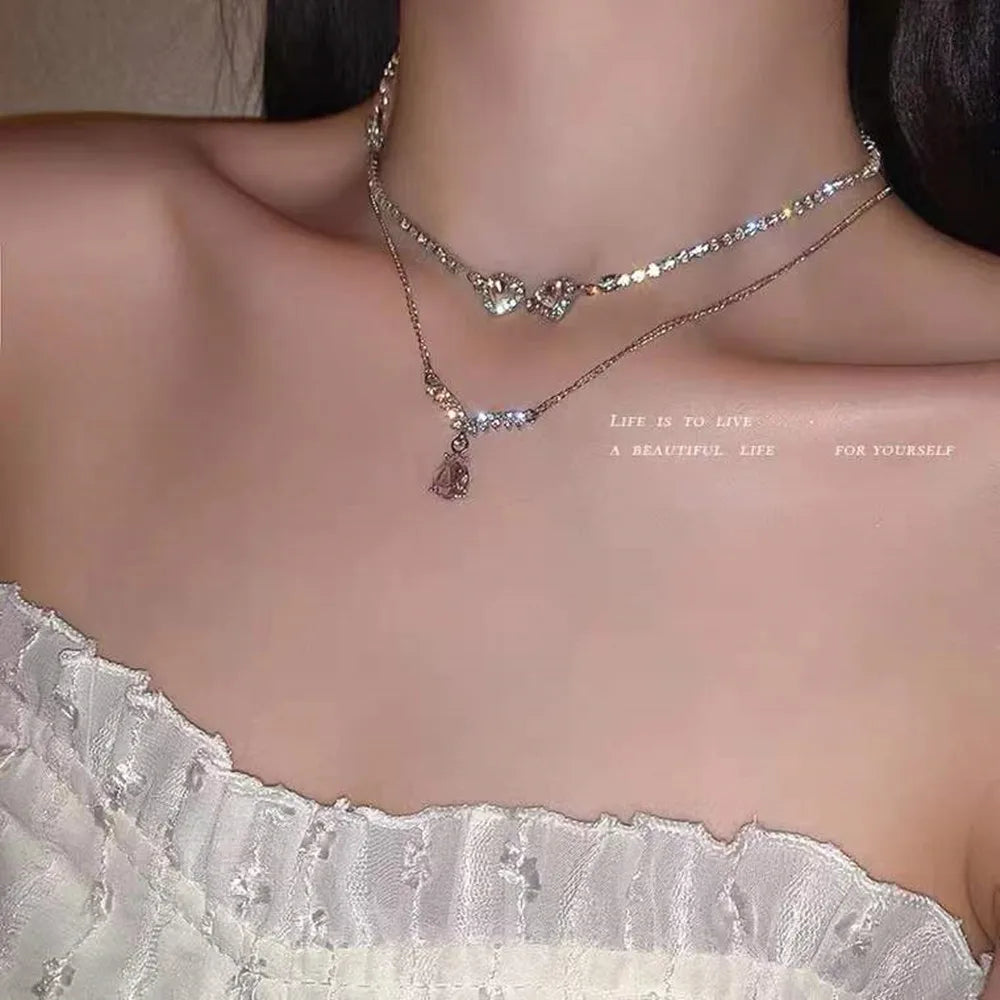 Heart Shape Pendant Necklaces Silver Color 5A Cubic Zirconia Minimalist Style Clavicle Chain Women And Girl Jewelry
