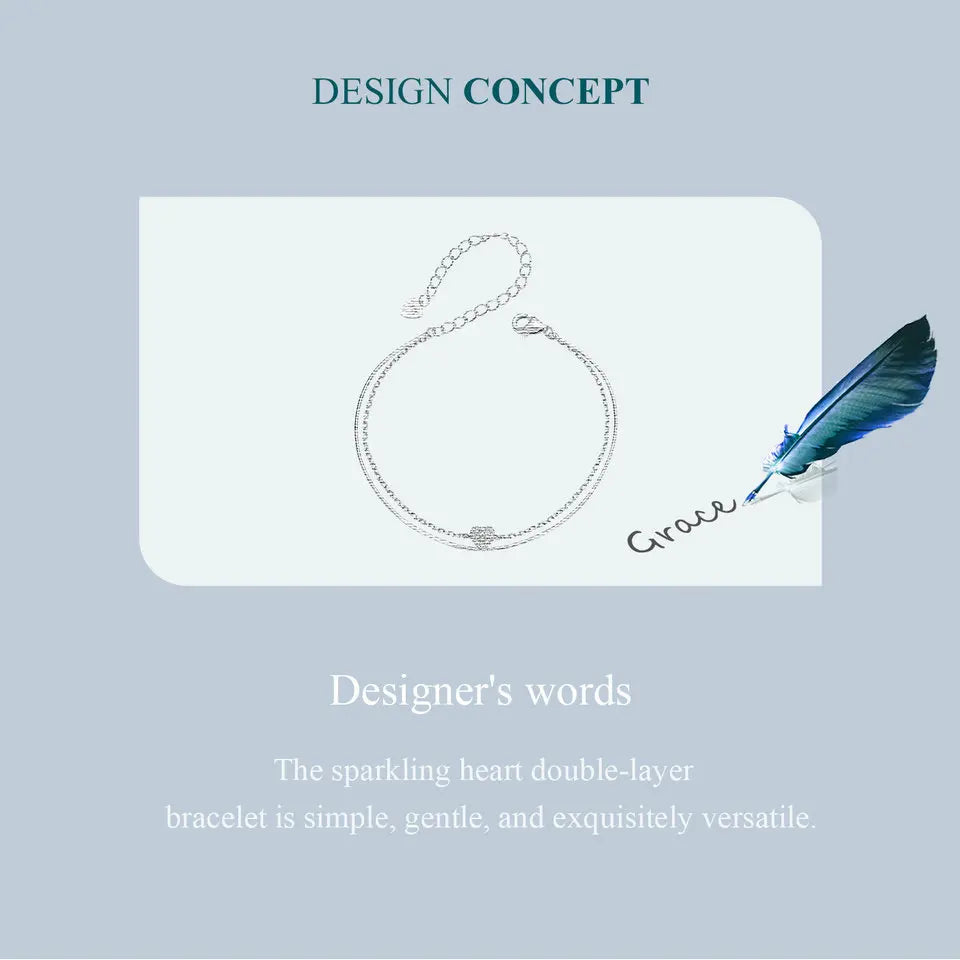 925 Sterling Silver Sparkling Heart Double Layer Bracelet for Women Adjustable Lock Chain Bracelet Fine Jewelry Gift
