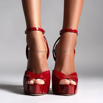 Red Patent Leather Platform High Heels  Stiletto Ankle Buckle Strap Solid New Arrivals Fashion Slingback Buckle Strap Shoes