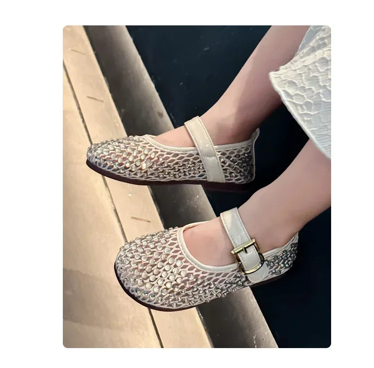 Girls Flat Shoes Sparkling Hollowed-Out Princess Shoes for Kids 2025 Summer New Sandals Mesh Hook&loop Toddlers Breathable Ins