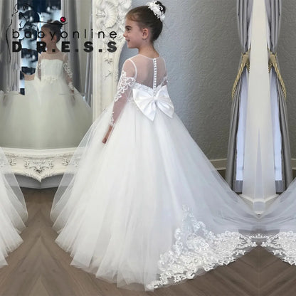 Communion Girl Dress Lace Appqulies Bodice Floor-length Skirt Puffy Dress with Long Train Formal Party Toddler Clothe