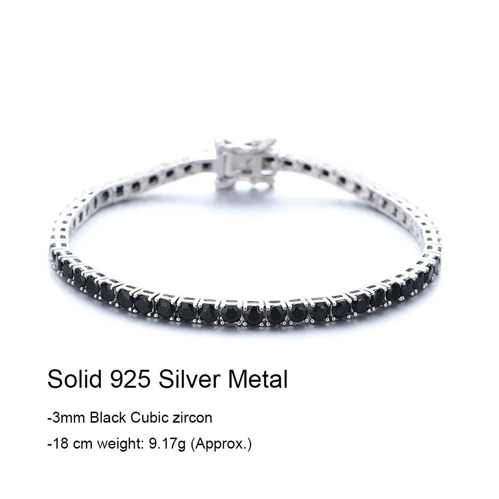 Solid 925 Silver Tennis Bracelet 3mm Black Cubic Zircon Chain Jewelry for Women Men Gift