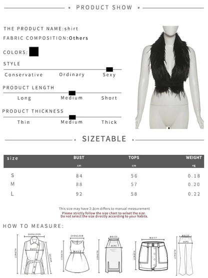 Hottie Sexy Furry Halter Top Women Fur Collar Backless Lace-Up Coquette Dark Punk Style Music Festival Clubwear Vests