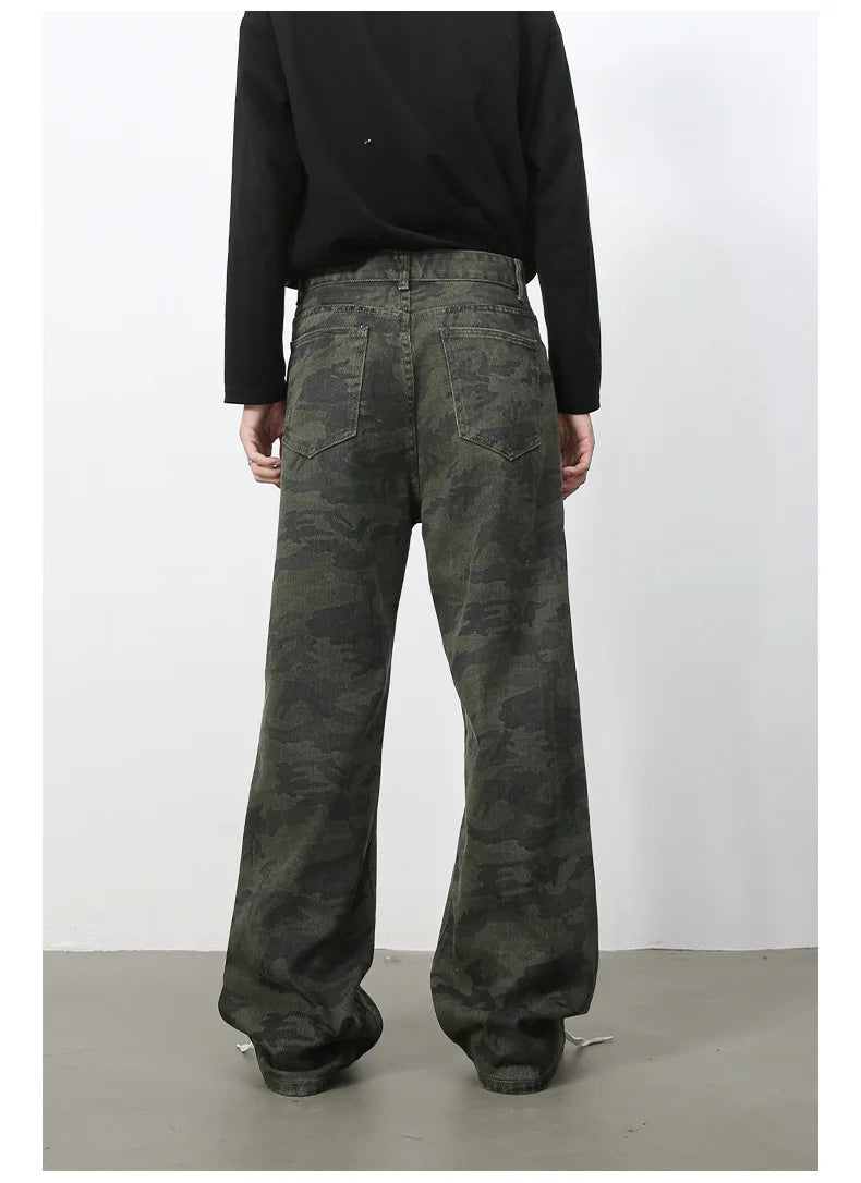 Tide Camouflage Jeans Men's Ins Loose Straight Wide Leg Casual Denim Pants Loose Male Trousers 12C2036