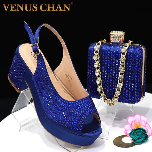 Wedding Shoes for Women Bride Platform Heels Italian Full Drill Design Elegant Shoes and Bags Matching Set 2023