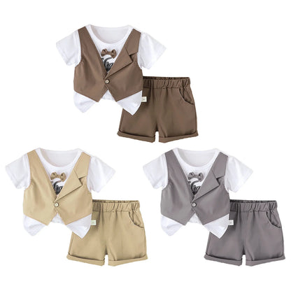 2Pcs Baby Boys Party Gentleman Outfit Short Sleeve Bowknot 2 in 1 T-shirt with Fake Waistcoat And Shorts Set Kids Summer Clothes