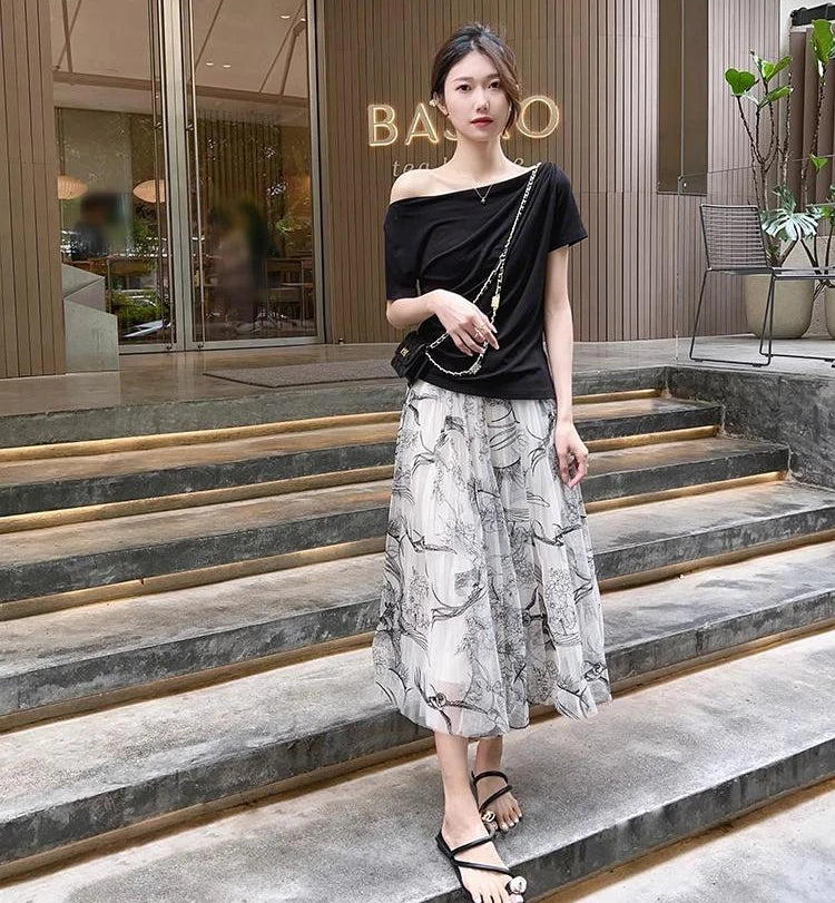 Women Flocking Flower Tulle Gauze Skirt Elegant Sweet Elastic Waist Midi Floral Mesh Skirt For All Season