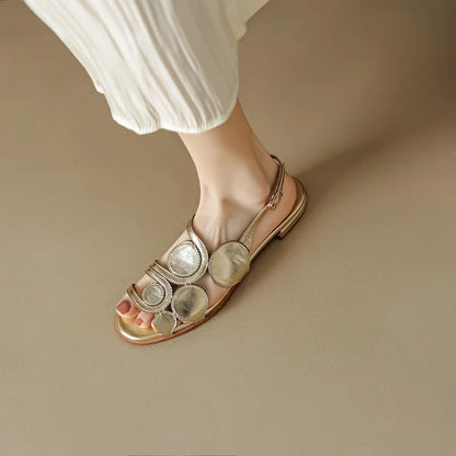 Women's New Round Head Spring/Summer Genuine Leather Sheepskin Spliced Low Heel Large Size Elastic Open Toe Sandals