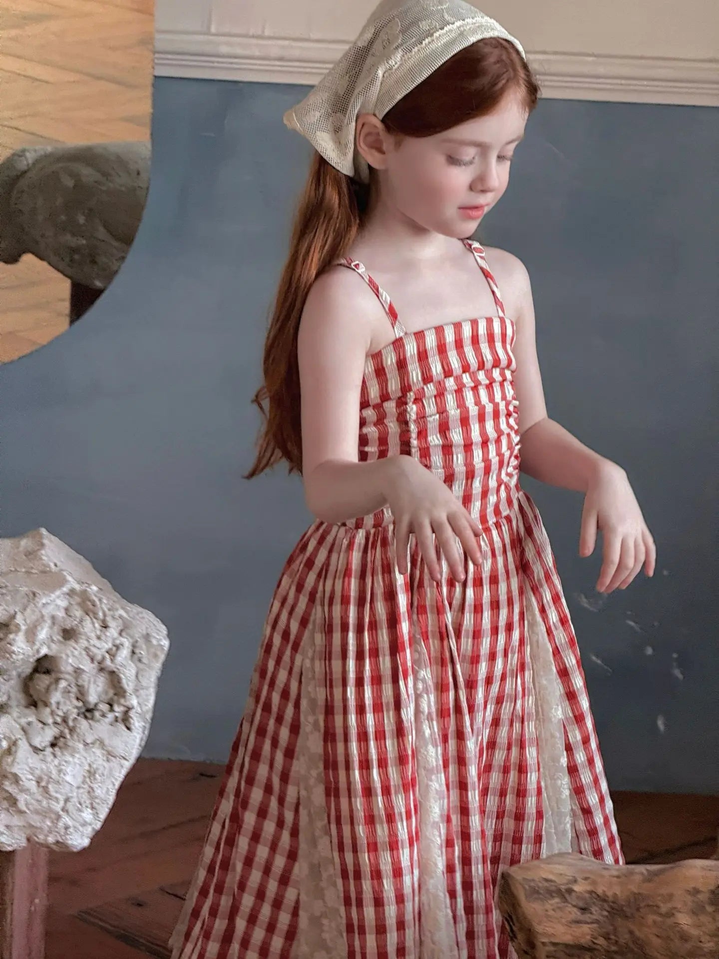 2025 Summer New Children Fairy Long Dress for Girls French Red Checkered Lace Splicing Lace Strap Dress