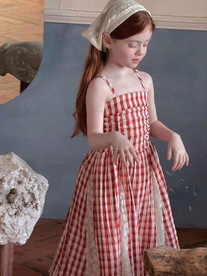 2025 Summer New Children Fairy Long Dress for Girls French Red Checkered Lace Splicing Lace Strap Dress