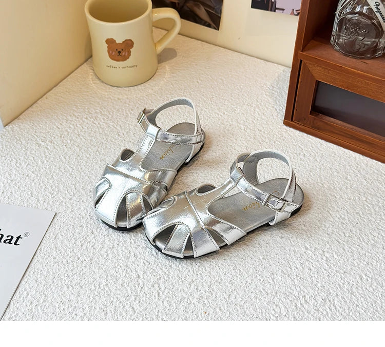 Kids Leather Cage Sandals for Girls 2025 Summer New Toddler Beach Shoes Non-slip Princess Elegant Retro Kid Garden Wedding Flats