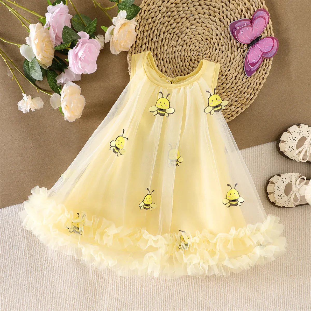 2026 Summer 12M-5Y Childrens Clothes Cute Bee Print Girls Dress with Tulle Skirt Sleeves Fluffy Dress for Girls